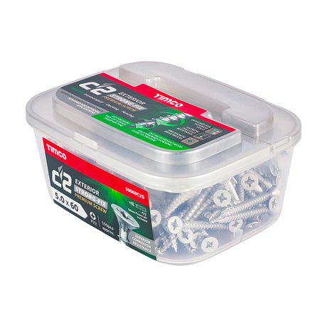 This is an image showing TIMCO C2 Exterior Strong-Fix - PZ - Double Countersunk with Ribs - Twin-Cut - Silver - 5.0 x 60 - 150 Pieces Tub available from T.H Wiggans Ironmongery in Kendal, quick delivery at discounted prices.