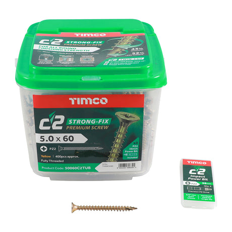 This is an image showing TIMCO C2 Strong-Fix - PZ - Double Countersunk - Twin-Cut - Yellow - 5.0 x 60 - 400 Pieces Tub available from T.H Wiggans Ironmongery in Kendal, quick delivery at discounted prices.