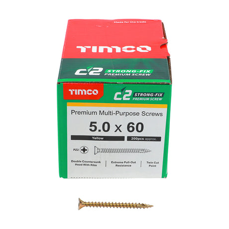 This is an image showing TIMCO C2 Strong-Fix - PZ - Double Countersunk - Twin-Cut - Yellow - 5.0 x 60 - 200 Pieces Box available from T.H Wiggans Ironmongery in Kendal, quick delivery at discounted prices.