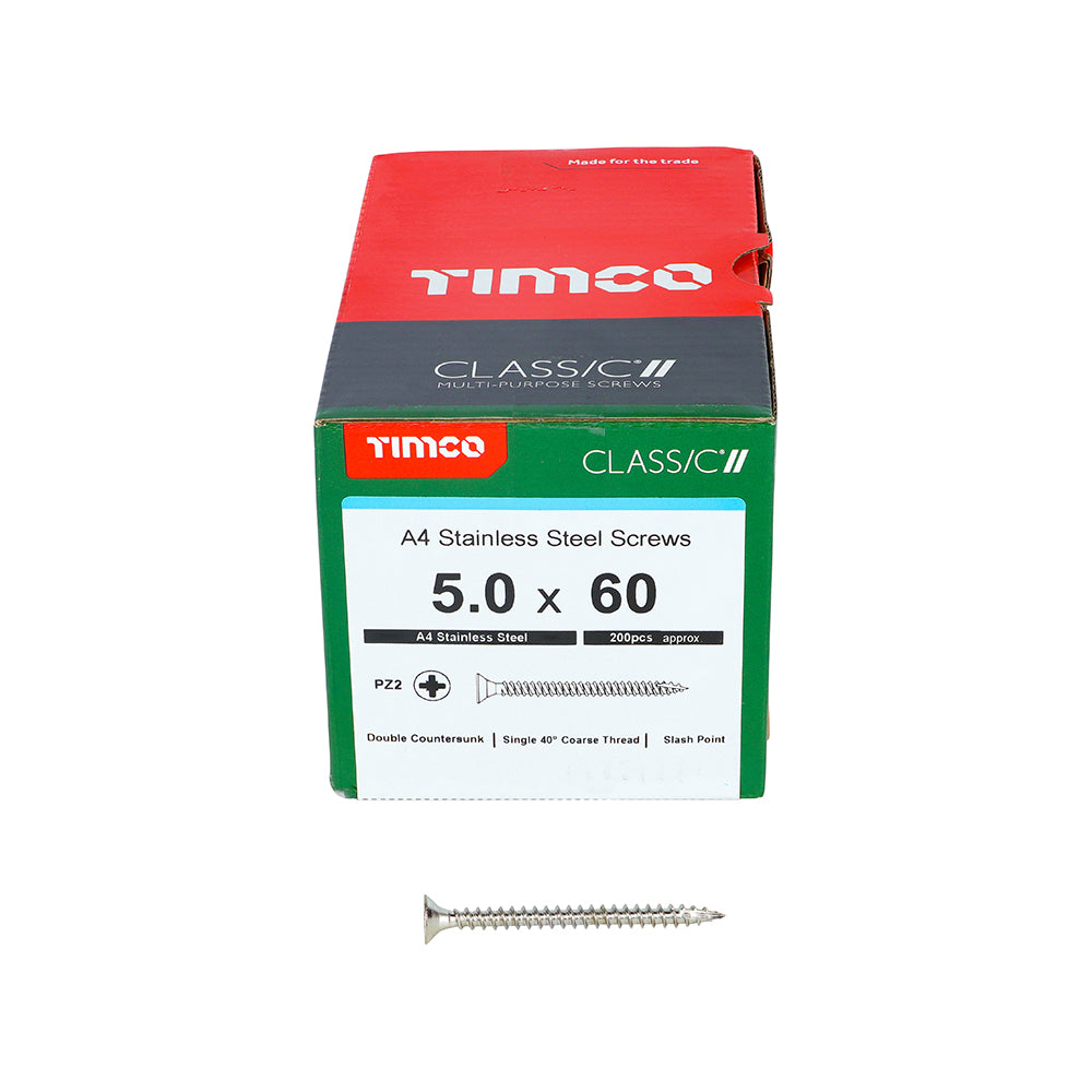 This is an image showing TIMCO Classic Multi-Purpose Screws - PZ - Double Countersunk - A4 Stainless Steel
 - 5.0 x 60 - 200 Pieces Box available from T.H Wiggans Ironmongery in Kendal, quick delivery at discounted prices.