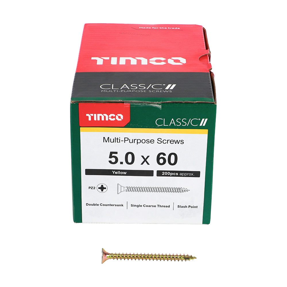 This is an image showing TIMCO Classic Multi-Purpose Screws - PZ - Double Countersunk - Yellow - 5.0 x 60 - 200 Pieces Box available from T.H Wiggans Ironmongery in Kendal, quick delivery at discounted prices.