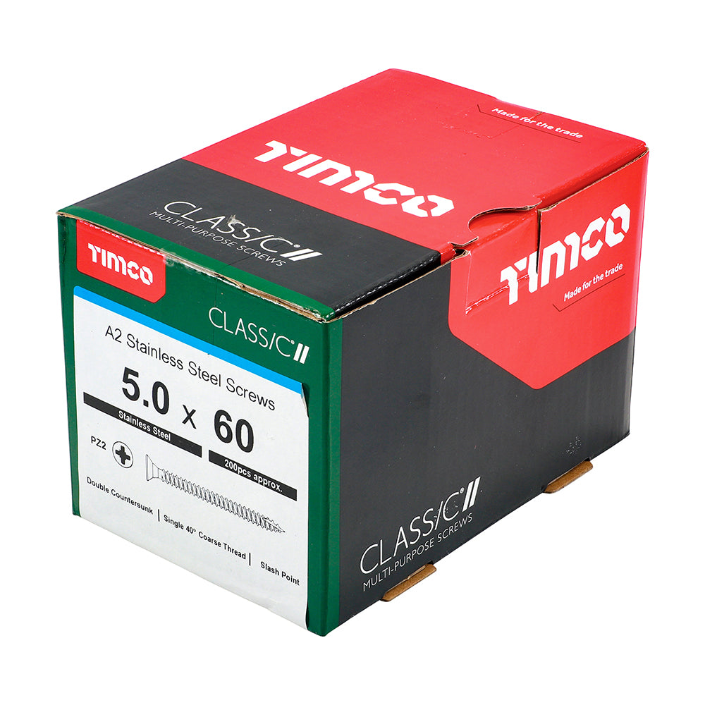 This is an image showing TIMCO Classic Multi-Purpose Screws - PZ - Double Countersunk - A2 Stainless Steel
 - 5.0 x 60 - 200 Pieces Box available from T.H Wiggans Ironmongery in Kendal, quick delivery at discounted prices.