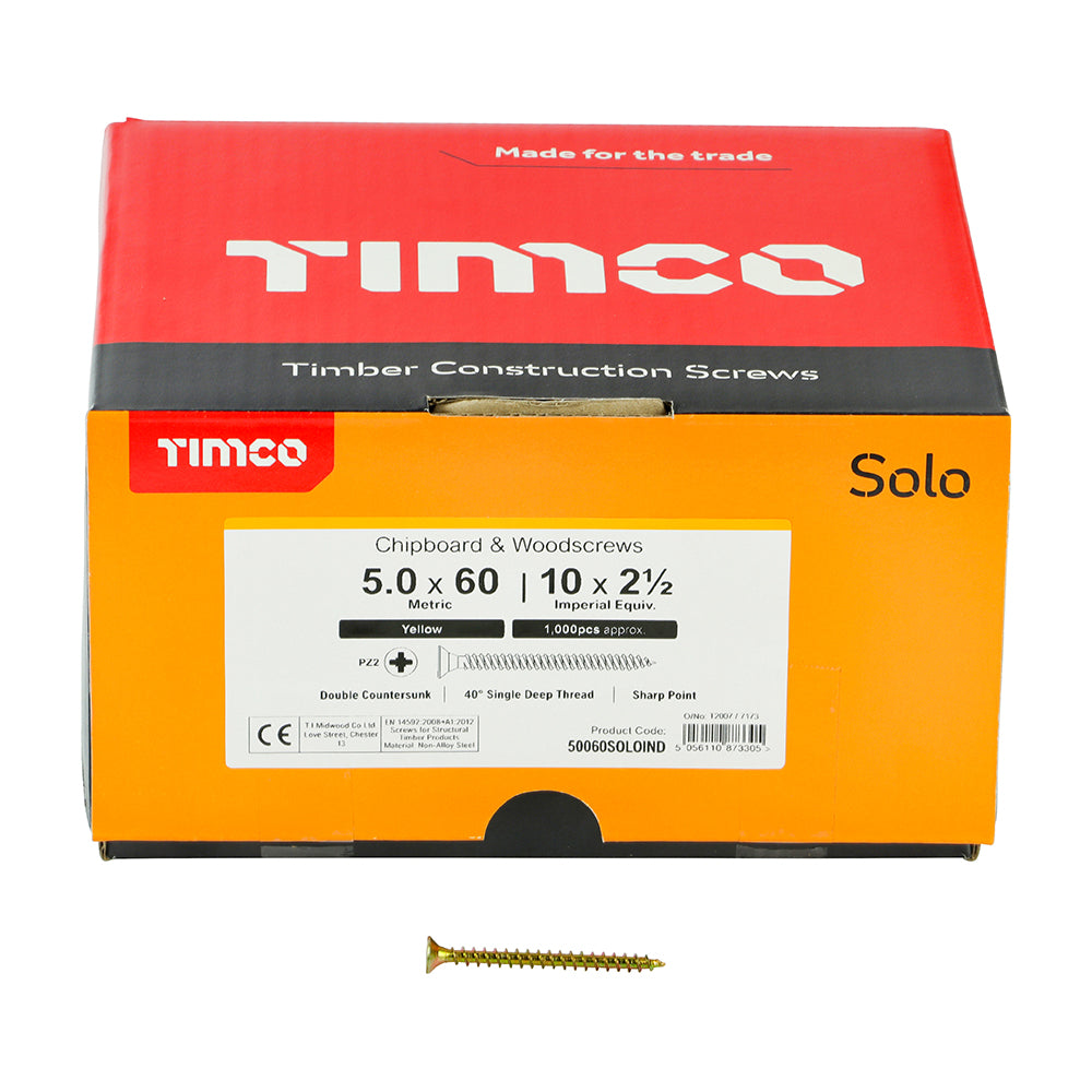 This is an image showing TIMCO Solo Chipboard & Woodscrews - Industry Pack - PZ - Double Countersunk - Yellow - 5.0 x 60 - 1000 Pieces Box available from T.H Wiggans Ironmongery in Kendal, quick delivery at discounted prices.