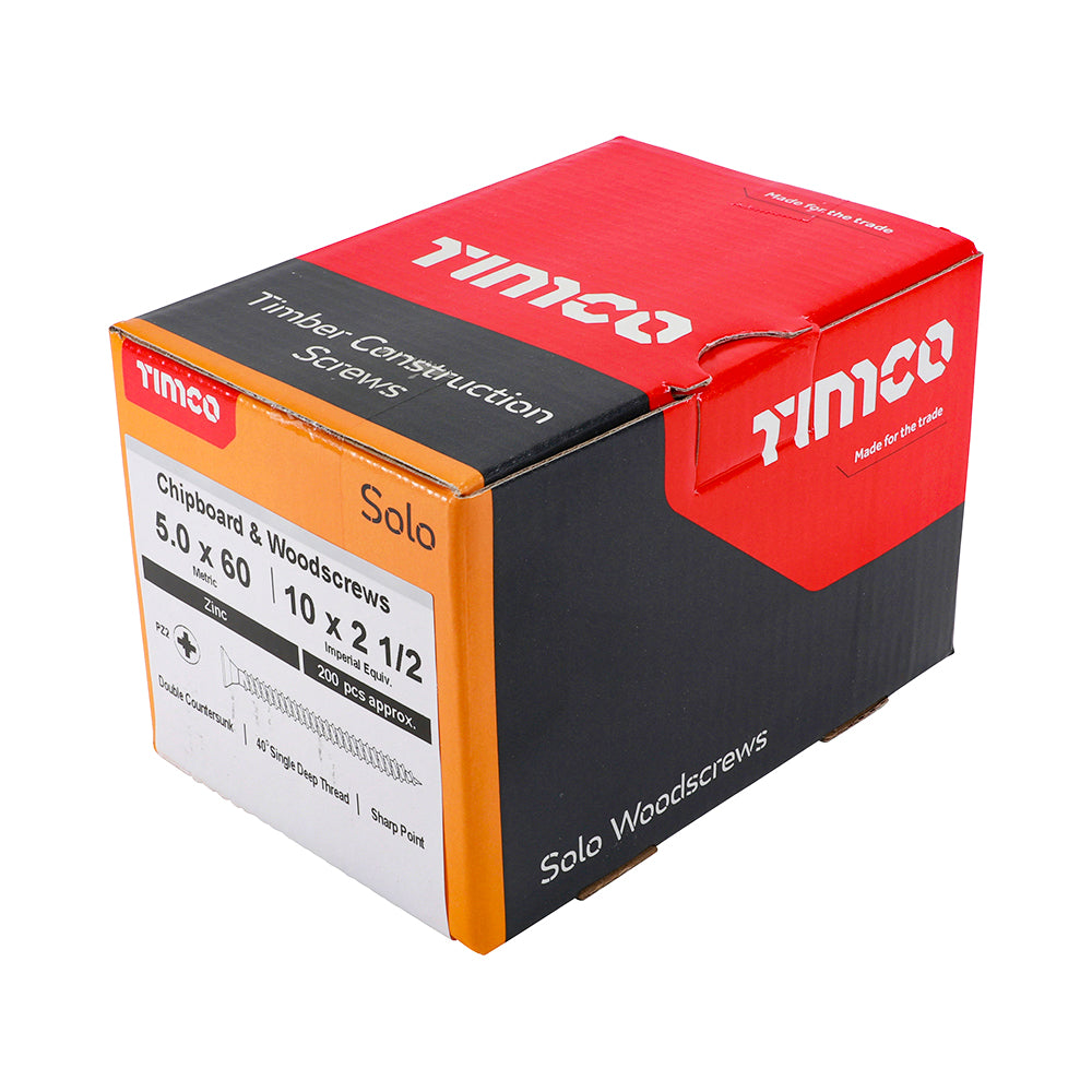 This is an image showing TIMCO Solo Chipboard & Woodscrews - PZ - Double Countersunk - Zinc - 5.0 x 60 - 200 Pieces Box available from T.H Wiggans Ironmongery in Kendal, quick delivery at discounted prices.