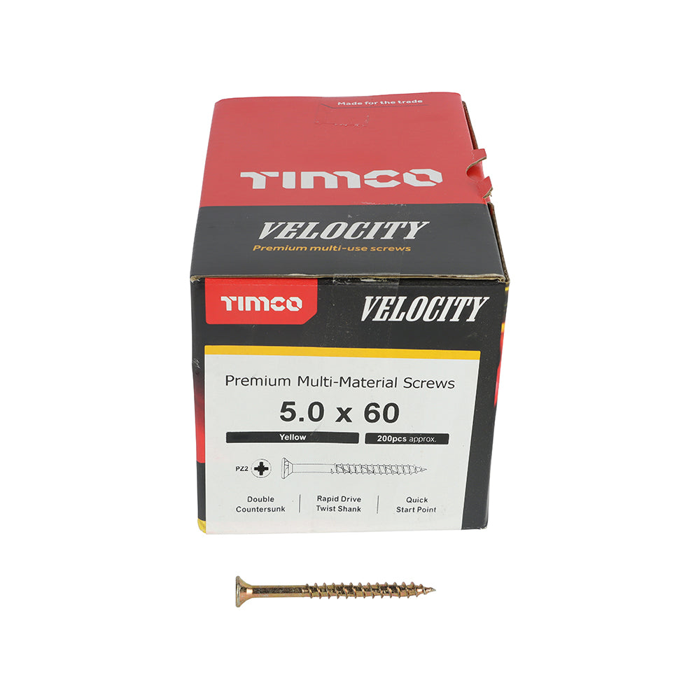 This is an image showing TIMCO Velocity Premium Multi-Use Screws - PZ - Double Countersunk - Yellow
 - 5.0 x 60 - 200 Pieces Box available from T.H Wiggans Ironmongery in Kendal, quick delivery at discounted prices.