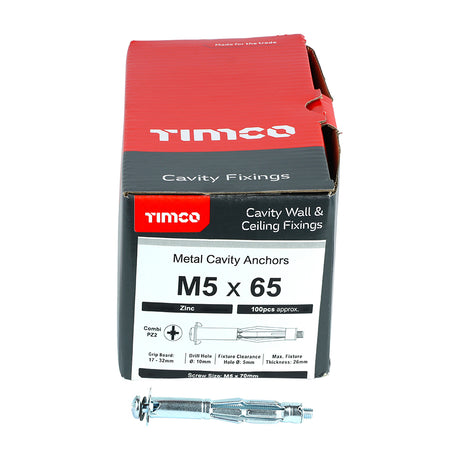 This is an image showing TIMCO Metal Cavity Anchors - Zinc - M5 x 65 (70mm Screw) - 100 Pieces Box available from T.H Wiggans Ironmongery in Kendal, quick delivery at discounted prices.