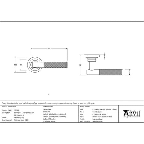 This is an image showing From The Anvil - Satin Marine SS (316) Brompton Lever on Rose Set (Art Deco) - U available from trade door handles, quick delivery and discounted prices