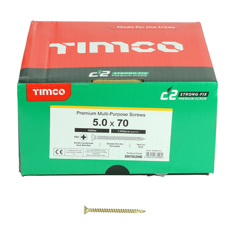 This is an image showing TIMCO C2 Strong-Fix - PZ - Double Countersunk - Twin-Cut - Yellow - 5.0 x 70 - 1000 Pieces Box available from T.H Wiggans Ironmongery in Kendal, quick delivery at discounted prices.