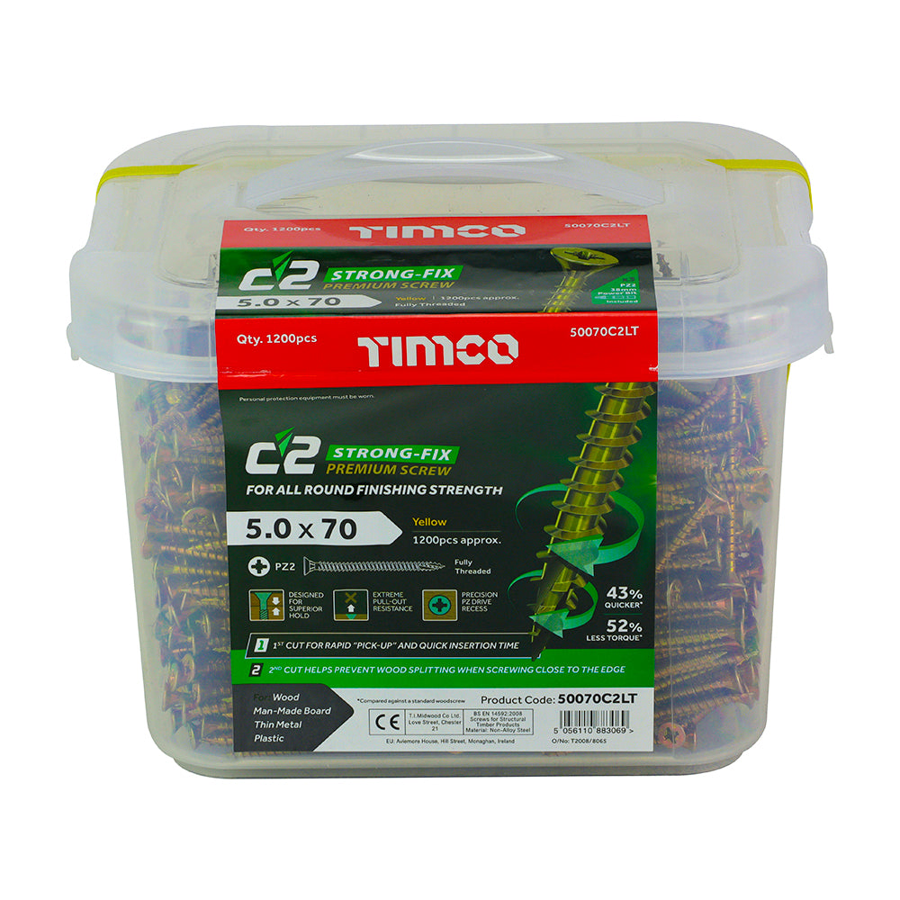 This is an image showing TIMCO C2 Strong-Fix - PZ - Double Countersunk - Twin-Cut - Yellow - 5.0 x 70 - 1200 Pieces Tub available from T.H Wiggans Ironmongery in Kendal, quick delivery at discounted prices.