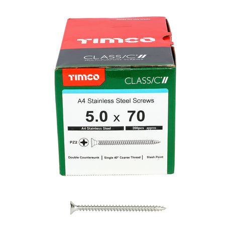 This is an image showing TIMCO Classic Multi-Purpose Screws - PZ - Double Countersunk - A4 Stainless Steel
 - 5.0 x 70 - 200 Pieces Box available from T.H Wiggans Ironmongery in Kendal, quick delivery at discounted prices.