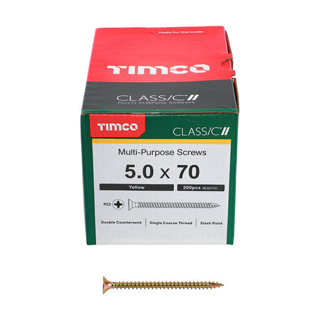 This is an image showing TIMCO Classic Multi-Purpose Screws - PZ - Double Countersunk - Yellow - 5.0 x 70 - 200 Pieces Box available from T.H Wiggans Ironmongery in Kendal, quick delivery at discounted prices.