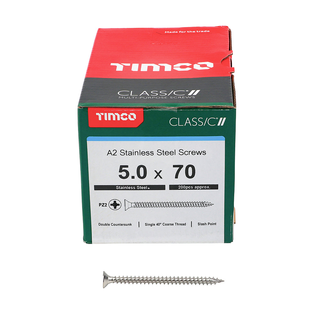 This is an image showing TIMCO Classic Multi-Purpose Screws - PZ - Double Countersunk - A2 Stainless Steel
 - 5.0 x 70 - 200 Pieces Box available from T.H Wiggans Ironmongery in Kendal, quick delivery at discounted prices.