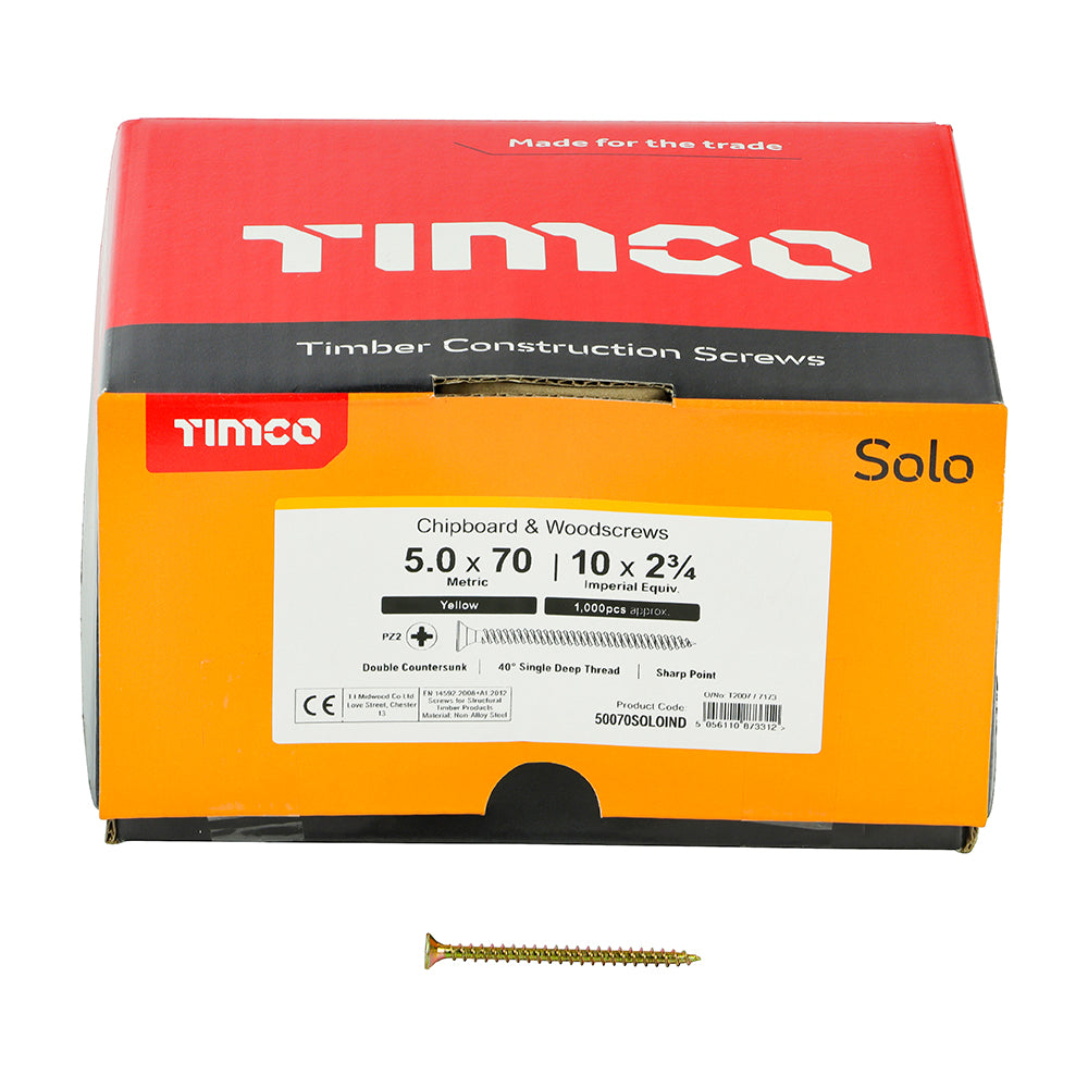 This is an image showing TIMCO Solo Chipboard & Woodscrews - Industry Pack - PZ - Double Countersunk - Yellow - 5.0 x 70 - 1000 Pieces Box available from T.H Wiggans Ironmongery in Kendal, quick delivery at discounted prices.