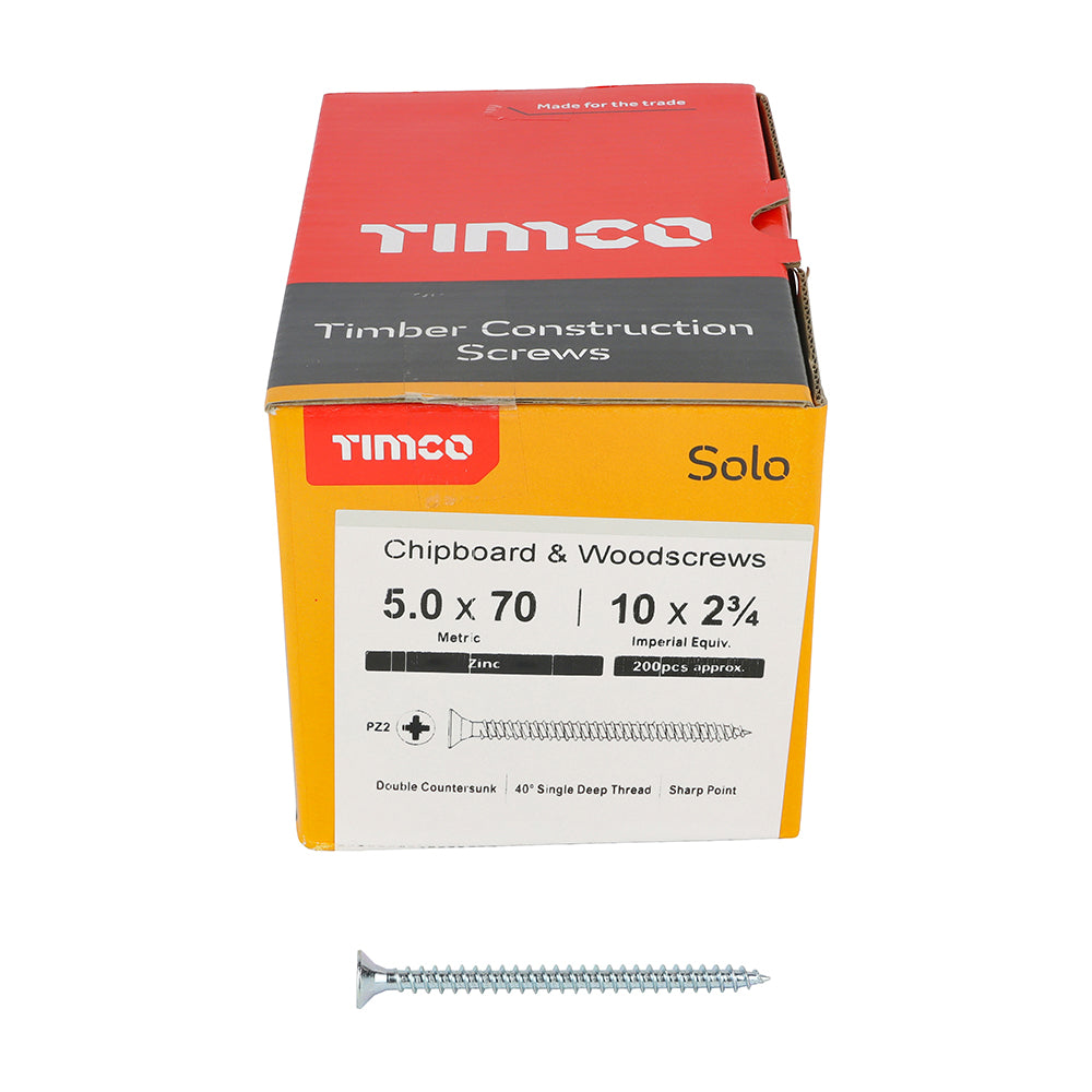 This is an image showing TIMCO Solo Chipboard & Woodscrews - PZ - Double Countersunk - Zinc - 5.0 x 70 - 200 Pieces Box available from T.H Wiggans Ironmongery in Kendal, quick delivery at discounted prices.