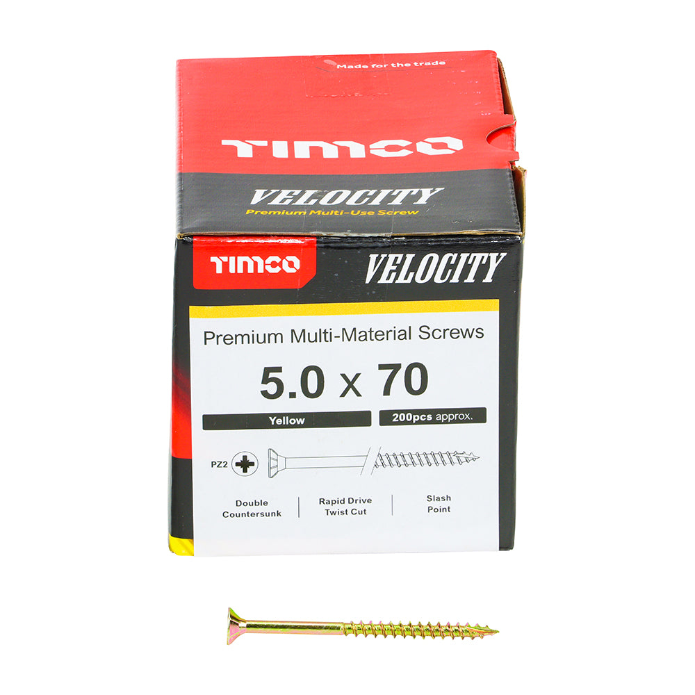 This is an image showing TIMCO Velocity Premium Multi-Use Screws - PZ - Double Countersunk - Yellow
 - 5.0 x 70 - 200 Pieces Box available from T.H Wiggans Ironmongery in Kendal, quick delivery at discounted prices.