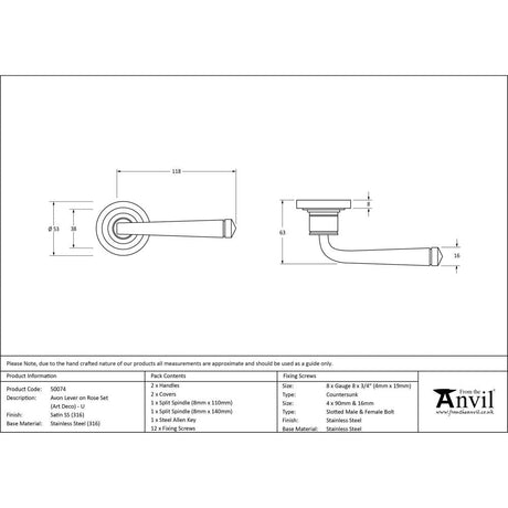 This is an image showing From The Anvil - Satin Marine SS (316) Avon Round Lever on Rose Set (Art Deco) - available from trade door handles, quick delivery and discounted prices