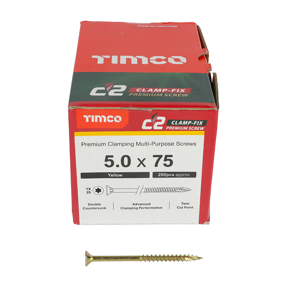 This is an image showing TIMCO C2 Clamp-Fix - TX - Double Countersunk with Ribs - Twin-Cut - Yellow - 5.0 x 75 - 200 Pieces Box available from T.H Wiggans Ironmongery in Kendal, quick delivery at discounted prices.