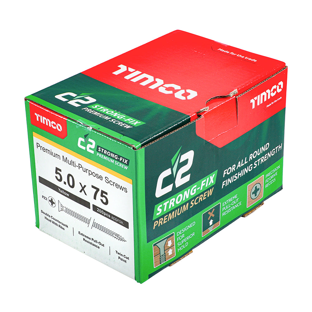 This is an image showing TIMCO C2 Strong-Fix - PZ - Double Countersunk - Twin-Cut - Yellow - 5.0 x 75 - 200 Pieces Box available from T.H Wiggans Ironmongery in Kendal, quick delivery at discounted prices.