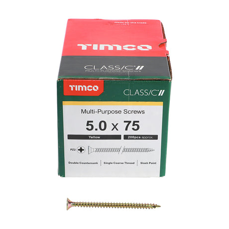 This is an image showing TIMCO Classic Multi-Purpose Screws - PZ - Double Countersunk - Yellow - 5.0 x 75 - 200 Pieces Box available from T.H Wiggans Ironmongery in Kendal, quick delivery at discounted prices.