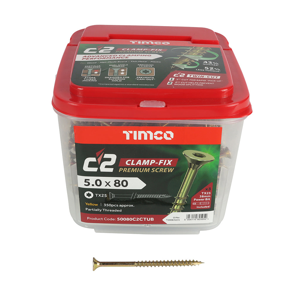 This is an image showing TIMCO C2 Clamp-Fix - TX - Double Countersunk with Ribs - Twin-Cut - Yellow - 5.0 x 80 - 350 Pieces Tub available from T.H Wiggans Ironmongery in Kendal, quick delivery at discounted prices.