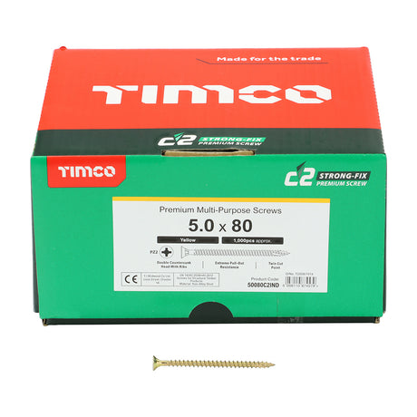 This is an image showing TIMCO C2 Strong-Fix - PZ - Double Countersunk - Twin-Cut - Yellow - 5.0 x 80 - 1000 Pieces Box available from T.H Wiggans Ironmongery in Kendal, quick delivery at discounted prices.