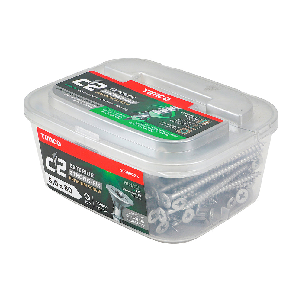 This is an image showing TIMCO C2 Exterior Strong-Fix - PZ - Double Countersunk with Ribs - Twin-Cut - Silver - 5.0 x 80 - 110 Pieces Tub available from T.H Wiggans Ironmongery in Kendal, quick delivery at discounted prices.