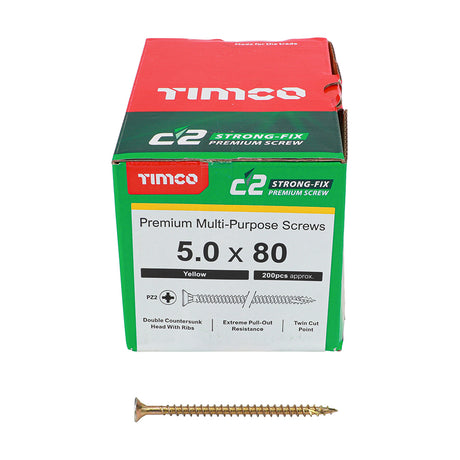 This is an image showing TIMCO C2 Strong-Fix - PZ - Double Countersunk - Twin-Cut - Yellow - 5.0 x 80 - 200 Pieces Box available from T.H Wiggans Ironmongery in Kendal, quick delivery at discounted prices.