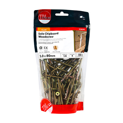 This is an image showing TIMCO Solo Woodscrews - PZ - Double Countersunk - Yellow - 5.0 x 80 - 120 Pieces TIMbag available from T.H Wiggans Ironmongery in Kendal, quick delivery at discounted prices.