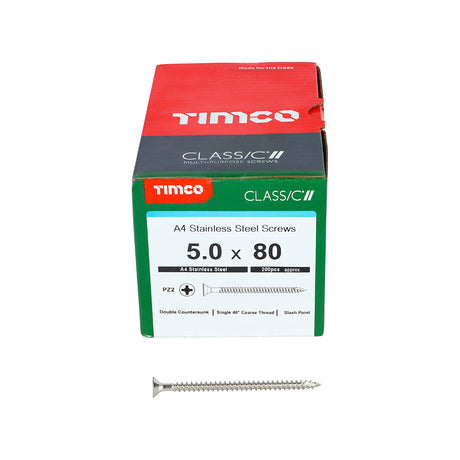 This is an image showing TIMCO Classic Multi-Purpose Screws - PZ - Double Countersunk - A4 Stainless Steel
 - 5.0 x 80 - 200 Pieces Box available from T.H Wiggans Ironmongery in Kendal, quick delivery at discounted prices.