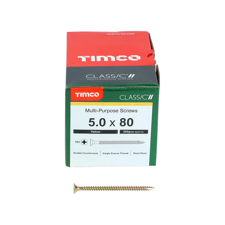 This is an image showing TIMCO Classic Multi-Purpose Screws - PZ - Double Countersunk - Yellow - 5.0 x 80 - 200 Pieces Box available from T.H Wiggans Ironmongery in Kendal, quick delivery at discounted prices.