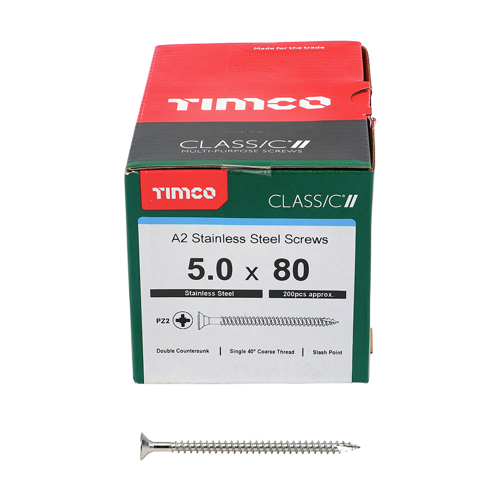 This is an image showing TIMCO Classic Multi-Purpose Screws - PZ - Double Countersunk - A2 Stainless Steel
 - 5.0 x 80 - 200 Pieces Box available from T.H Wiggans Ironmongery in Kendal, quick delivery at discounted prices.