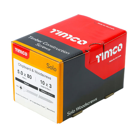 This is an image showing TIMCO Solo Chipboard & Woodscrews - PZ - Double Countersunk - Yellow - 5.0 x 80 - 200 Pieces Box available from T.H Wiggans Ironmongery in Kendal, quick delivery at discounted prices.