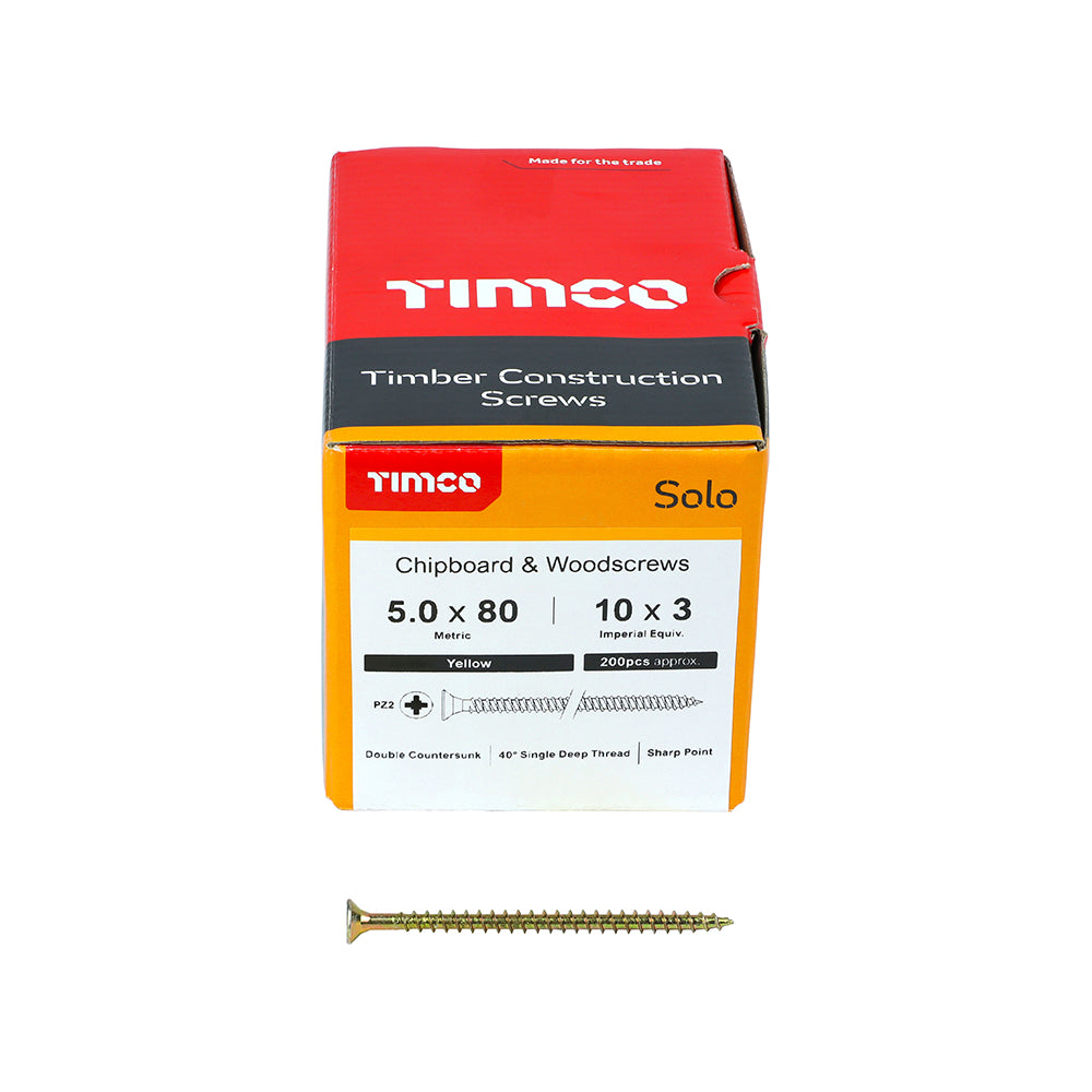 This is an image showing TIMCO Solo Chipboard & Woodscrews - PZ - Double Countersunk - Yellow - 5.0 x 80 - 200 Pieces Box available from T.H Wiggans Ironmongery in Kendal, quick delivery at discounted prices.