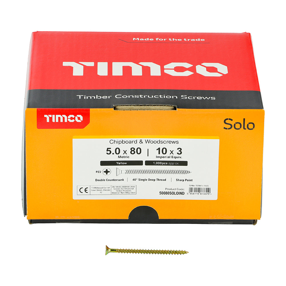 This is an image showing TIMCO Solo Chipboard & Woodscrews - Industry Pack - PZ - Double Countersunk - Yellow - 5.0 x 80 - 1000 Pieces Box available from T.H Wiggans Ironmongery in Kendal, quick delivery at discounted prices.