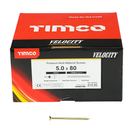 This is an image showing TIMCO Velocity Premium Multi-Use Screws - PZ - Double Countersunk - Yellow - 5.0 x 80 - 1000 Pieces Box available from T.H Wiggans Ironmongery in Kendal, quick delivery at discounted prices.