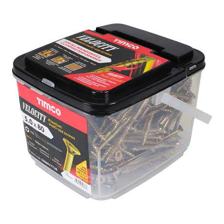 This is an image showing TIMCO Velocity Premium Multi-Use Screws - PZ - Double Countersunk - Yellow
 - 5.0 x 80 - 350 Pieces Tub available from T.H Wiggans Ironmongery in Kendal, quick delivery at discounted prices.