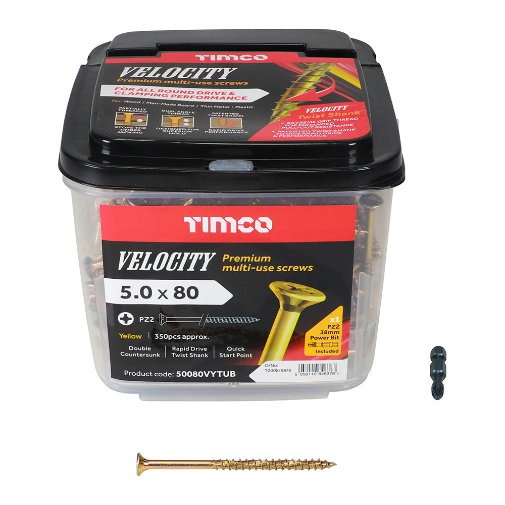 This is an image showing TIMCO Velocity Premium Multi-Use Screws - PZ - Double Countersunk - Yellow
 - 5.0 x 80 - 350 Pieces Tub available from T.H Wiggans Ironmongery in Kendal, quick delivery at discounted prices.