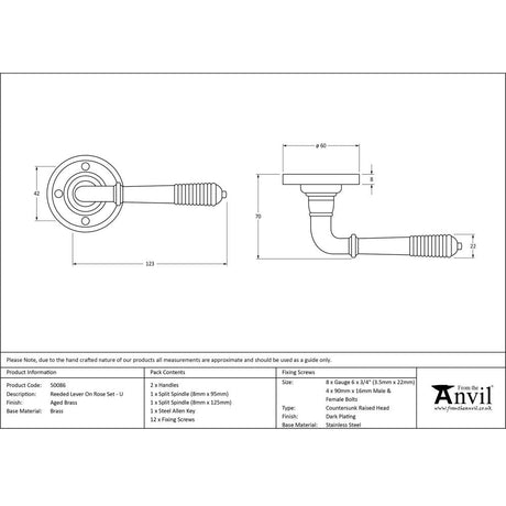 This is an image showing From The Anvil - Aged Brass Reeded Lever on Rose Set - Unsprung available from trade door handles, quick delivery and discounted prices