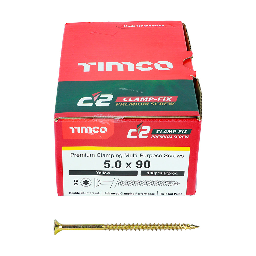 This is an image showing TIMCO C2 Clamp-Fix - TX - Double Countersunk with Ribs - Twin-Cut - Yellow - 5.0 x 90 - 100 Pieces Box available from T.H Wiggans Ironmongery in Kendal, quick delivery at discounted prices.