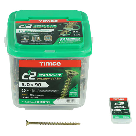 This is an image showing TIMCO C2 Strong-Fix - PZ - Double Countersunk - Twin-Cut - Yellow - 5.0 x 90 - 325 Pieces Tub available from T.H Wiggans Ironmongery in Kendal, quick delivery at discounted prices.