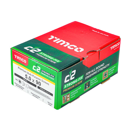 This is an image showing TIMCO C2 Strong-Fix - PZ - Double Countersunk - Twin-Cut - Yellow - 5.0 x 90 - 100 Pieces Box available from T.H Wiggans Ironmongery in Kendal, quick delivery at discounted prices.