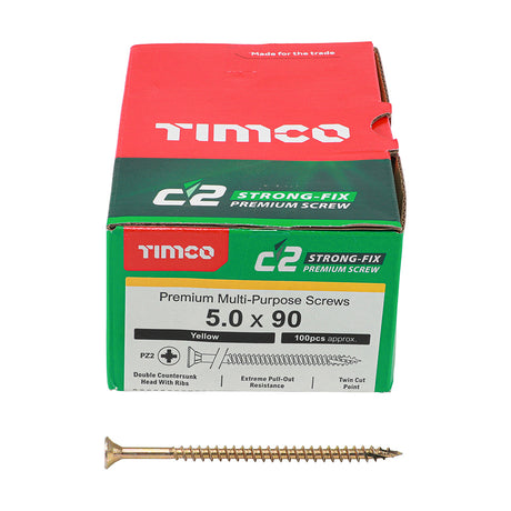 This is an image showing TIMCO C2 Strong-Fix - PZ - Double Countersunk - Twin-Cut - Yellow - 5.0 x 90 - 100 Pieces Box available from T.H Wiggans Ironmongery in Kendal, quick delivery at discounted prices.