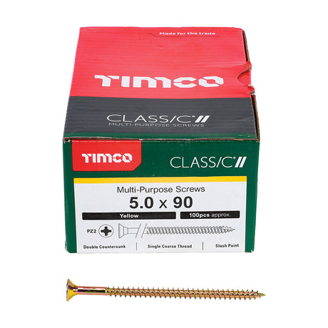 This is an image showing TIMCO Classic Multi-Purpose Screws - PZ - Double Countersunk - Yellow - 5.0 x 90 - 100 Pieces Box available from T.H Wiggans Ironmongery in Kendal, quick delivery at discounted prices.