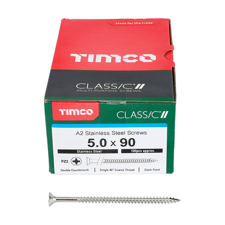 This is an image showing TIMCO Classic Multi-Purpose Screws - PZ - Double Countersunk - A2 Stainless Steel
 - 5.0 x 90 - 100 Pieces Box available from T.H Wiggans Ironmongery in Kendal, quick delivery at discounted prices.