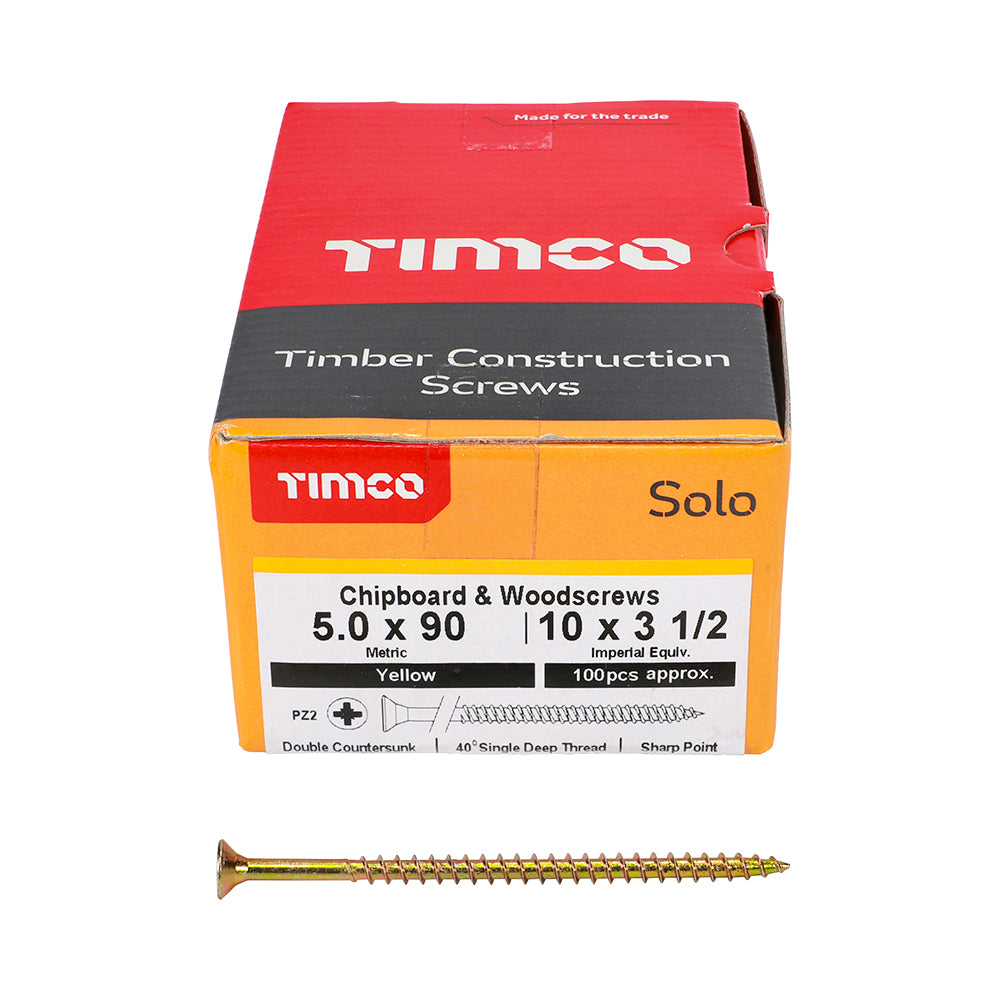 This is an image showing TIMCO Solo Chipboard & Woodscrews - PZ - Double Countersunk - Yellow - 5.0 x 90 - 100 Pieces Box available from T.H Wiggans Ironmongery in Kendal, quick delivery at discounted prices.