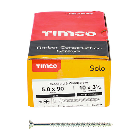 This is an image showing TIMCO Solo Chipboard & Woodscrews - PZ - Double Countersunk - Zinc - 5.0 x 90 - 100 Pieces Box available from T.H Wiggans Ironmongery in Kendal, quick delivery at discounted prices.