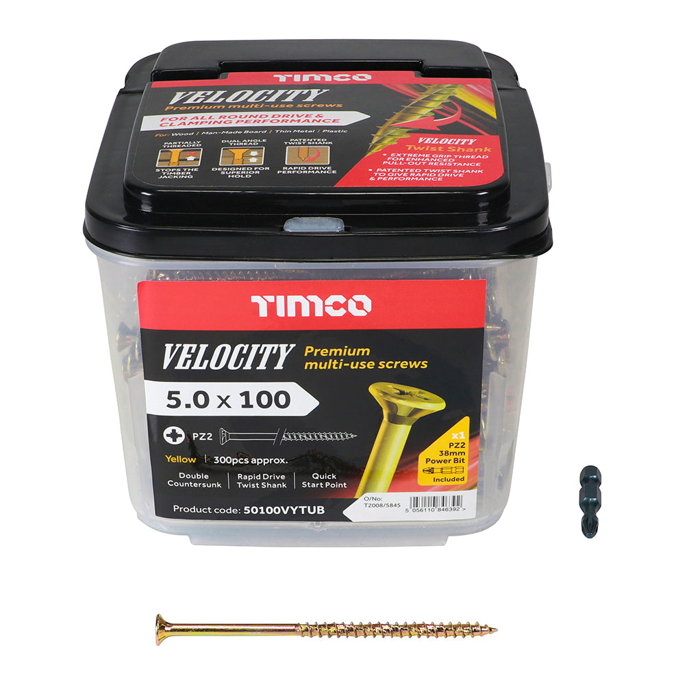 This is an image showing TIMCO Velocity Premium Multi-Use Screws - PZ - Double Countersunk - Yellow
 - 5.0 x 90 - 325 Pieces Tub available from T.H Wiggans Ironmongery in Kendal, quick delivery at discounted prices.