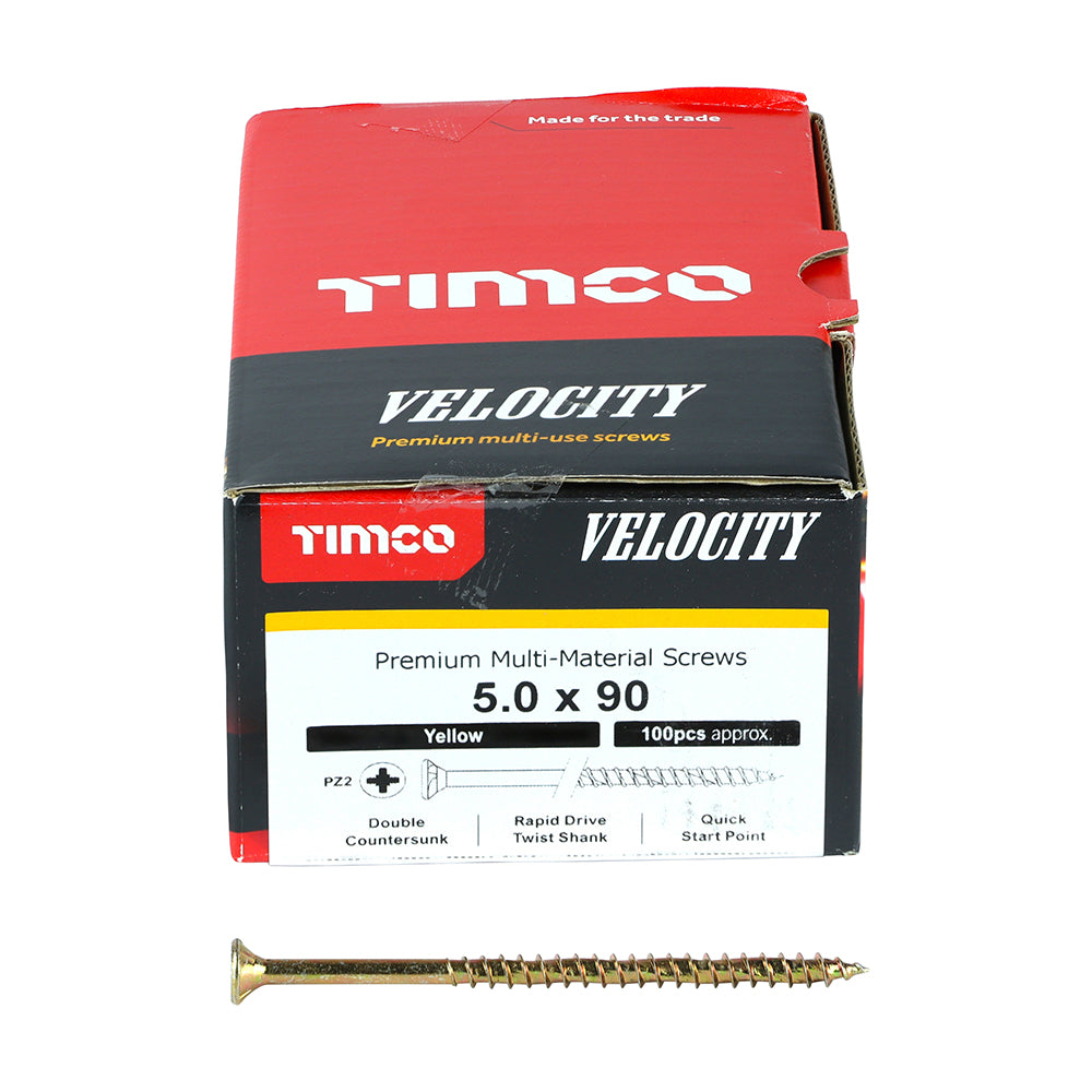 This is an image showing TIMCO Velocity Premium Multi-Use Screws - PZ - Double Countersunk - Yellow
 - 5.0 x 90 - 100 Pieces Box available from T.H Wiggans Ironmongery in Kendal, quick delivery at discounted prices.