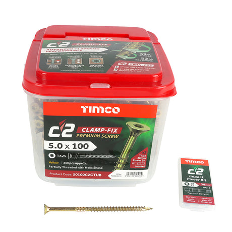 This is an image showing TIMCO C2 Clamp-Fix - TX - Double Countersunk with Ribs - Twin-Cut - Yellow - 5.0 x 100 - 300 Pieces Tub available from T.H Wiggans Ironmongery in Kendal, quick delivery at discounted prices.