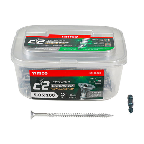 This is an image showing TIMCO C2 Exterior Strong-Fix - PZ - Double Countersunk with Ribs - Twin-Cut - Silver - 5.0 x 100 - 80 Pieces Tub available from T.H Wiggans Ironmongery in Kendal, quick delivery at discounted prices.